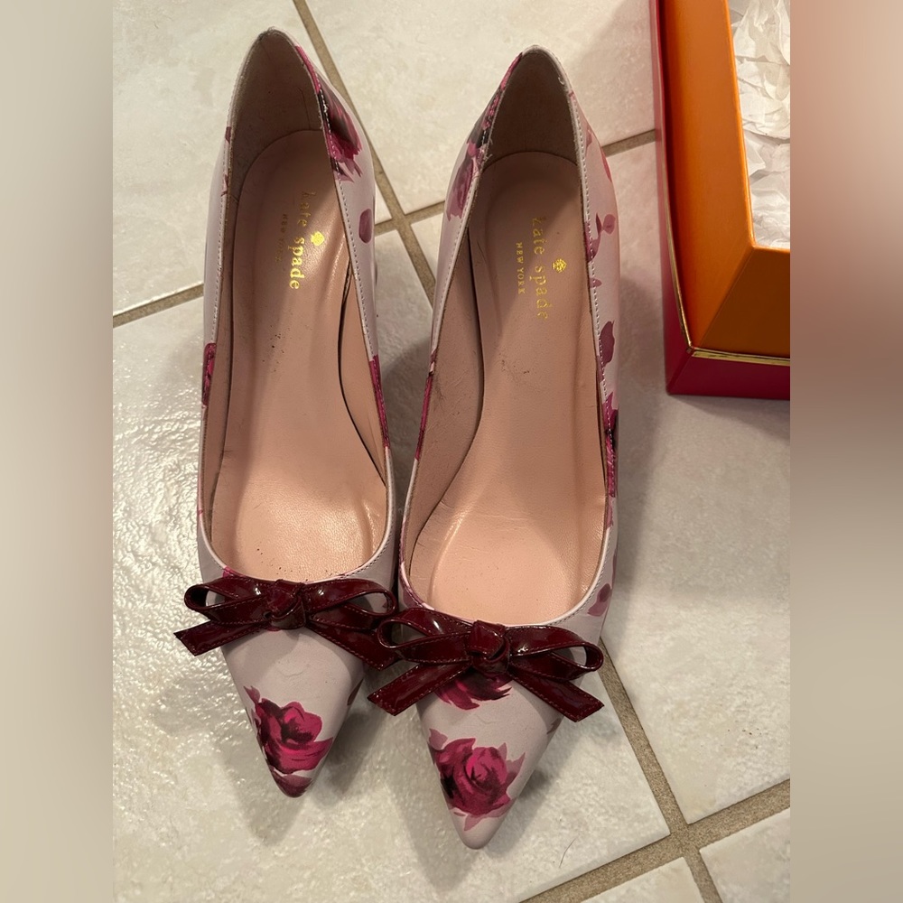 Kate Spade Pink Floral Heels with Burgundy Accents